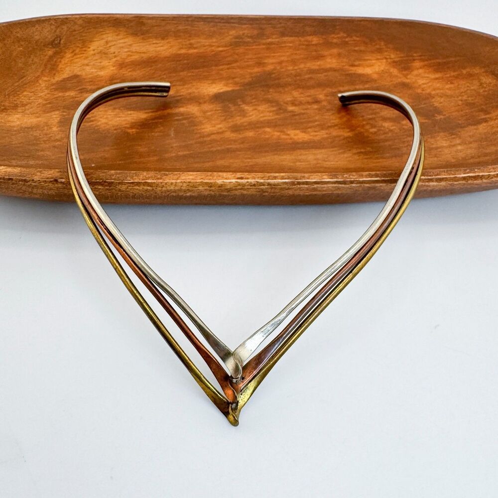 Vintage Tri Tone Mixed Metal Collar Necklace V Choker Modernist Statement